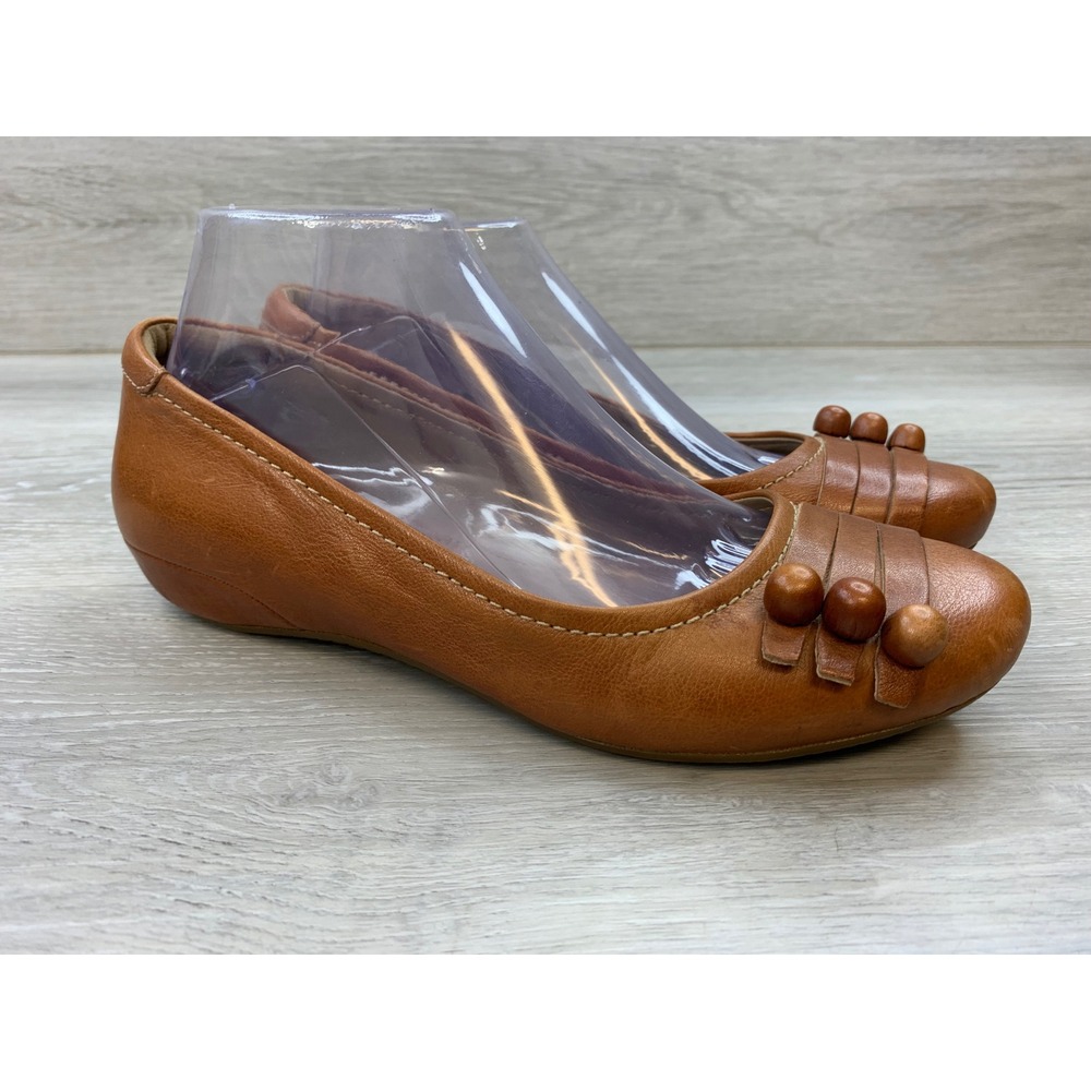 ECCO Women's Brown Leather Ballet Flats Wooden Bead Detail Round Toe Shoes 8.5